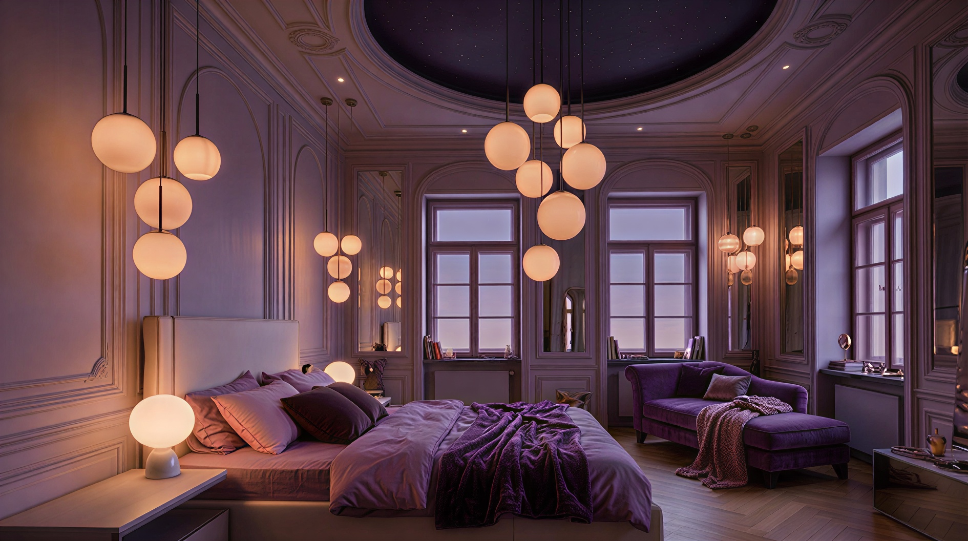 Lavender and gold palatial bedroom with clustered globe pendant lights