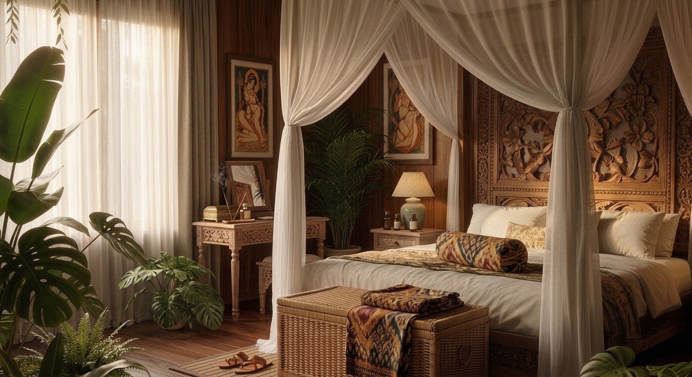 Tropical Balinese-style canopy bedroom with carved wood panelling and lush plants