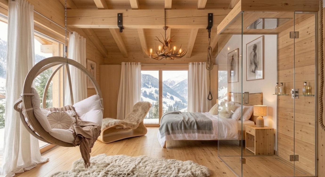 Alpine chalet bedroom in warm wood with a hanging swing chair and mountain view