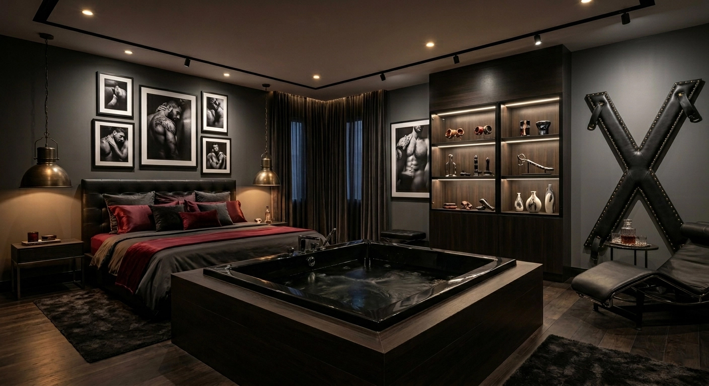 Dark leather loft bedroom with a sunken tub and a display cabinet of accessories