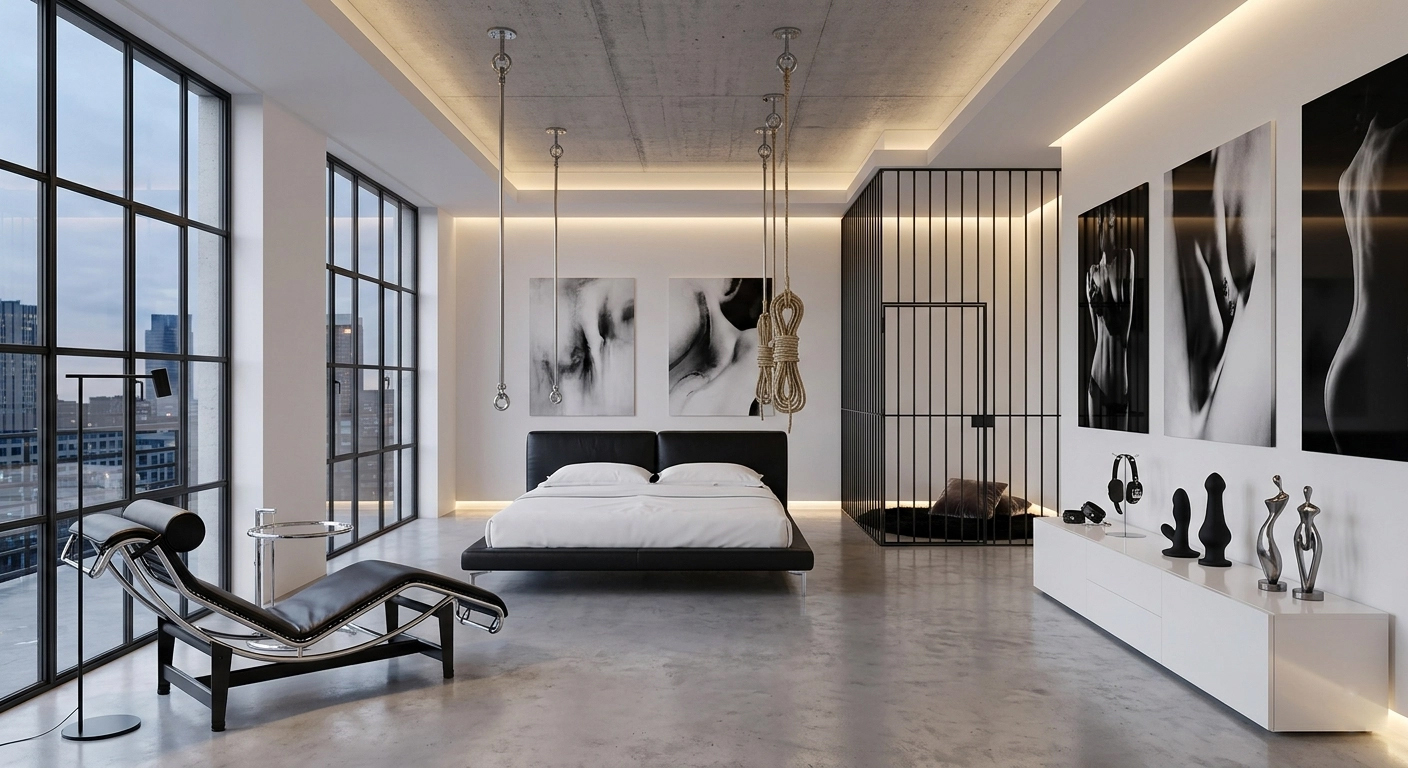 Black-and-white minimalist bedroom with a caged alcove and framed nude photography