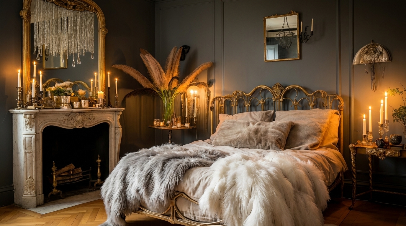 Candlelit vintage-glam bedroom with a gilded bed frame, fringed mirror and faux-fur throws